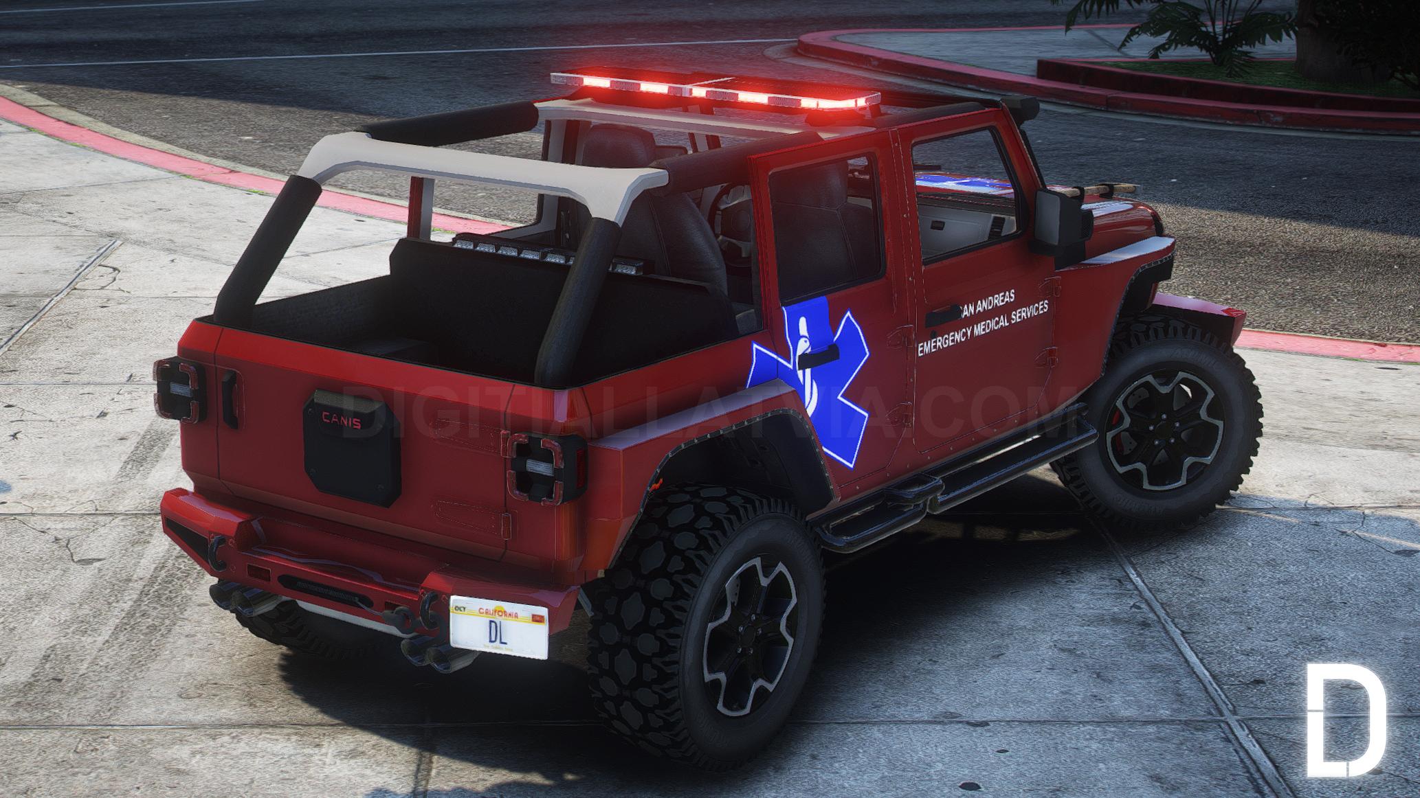 Red emergency vehicle with medical symbols on a street